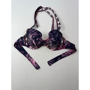 Tommy Bahama Bikini Top 34D Pink Navy Tropical Print Halter Underwire Resort